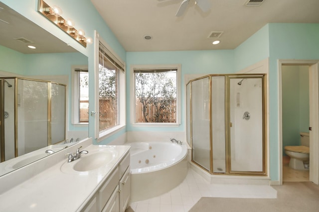 1119 Summer Brk, Sugar Land, TX 77479 - bathroom with a stall shower, a whirlpool tub, ceiling fan, and vanity