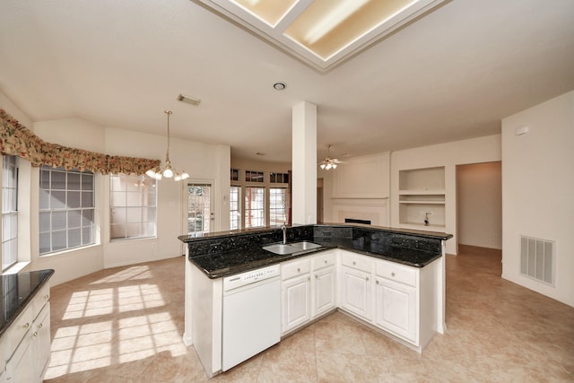 1119 Summer Brk, Sugar Land, TX 77479 - kitchen with dishwasher, a sink, open floor plan, a chandelier, and ceiling fan
