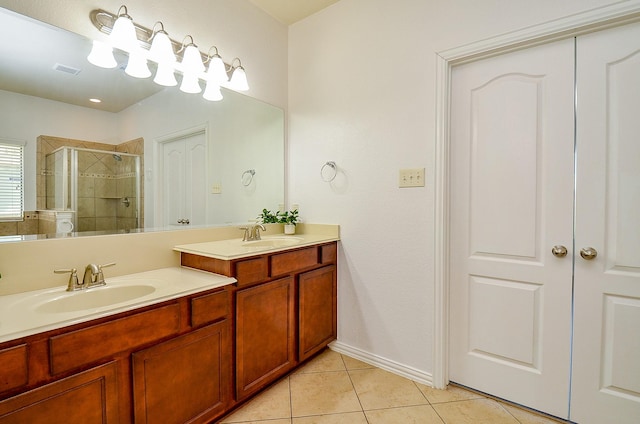 full bath with a stall shower, tile patterned flooring, and double vanity