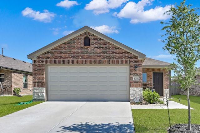 8230 Red Spruce St, Magnolia, TX 77354 - single story home featuring brick siding, concrete driveway, a front lawn, and an attached garage