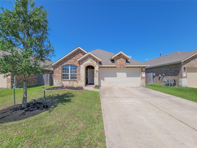 4931 Marina Shores Ct, Katy, TX 77493 - view of front facade featuring concrete driveway, brick siding, an attached garage, roof with shingles, and stone siding