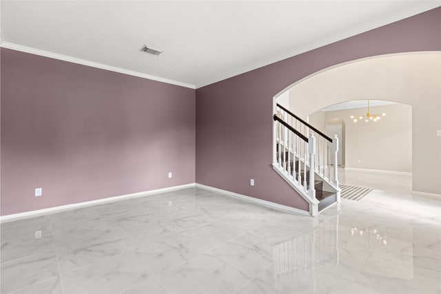 20106 Pinehaven Ln, Spring, TX 77379 - spare room featuring arched walkways, light marble finish flooring, baseboards, a chandelier, and crown molding