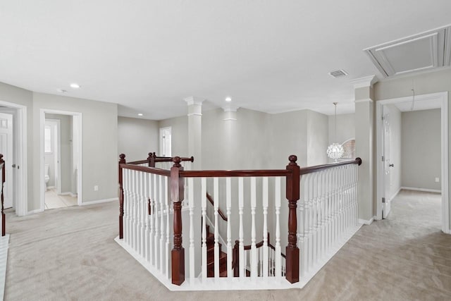 12506 Emerald Springs Dr, Pearland, TX 77584 - corridor featuring attic access, an upstairs landing, carpet floors, recessed lighting, and baseboards