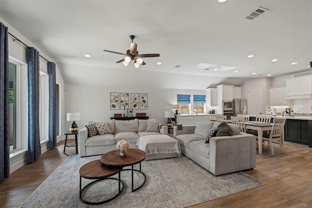 19322 Stagecoach Breeze Ln, Tomball, TX 77377 - living area featuring ceiling fan, hardwood / wood-style floors, and recessed lighting