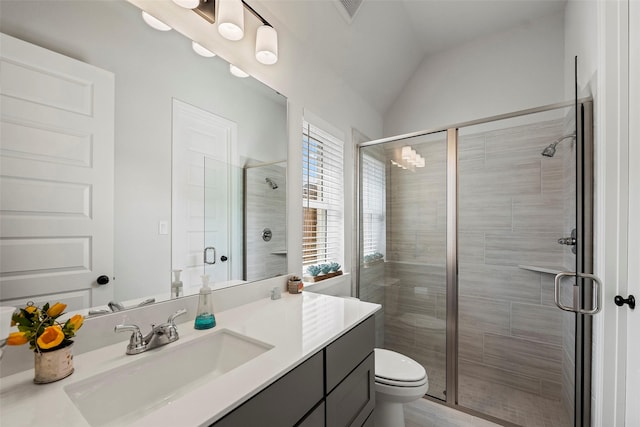 19322 Stagecoach Breeze Ln, Tomball, TX 77377 - full bath with a shower stall, toilet, vanity, and lofted ceiling