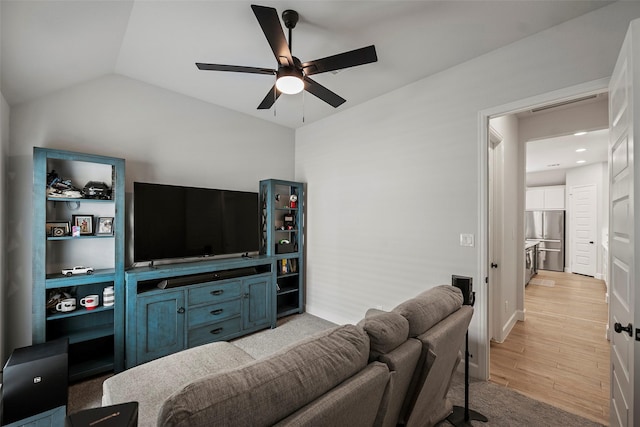 19322 Stagecoach Breeze Ln, Tomball, TX 77377 - living room featuring ceiling fan, light wood-style floors, lofted ceiling, and recessed lighting