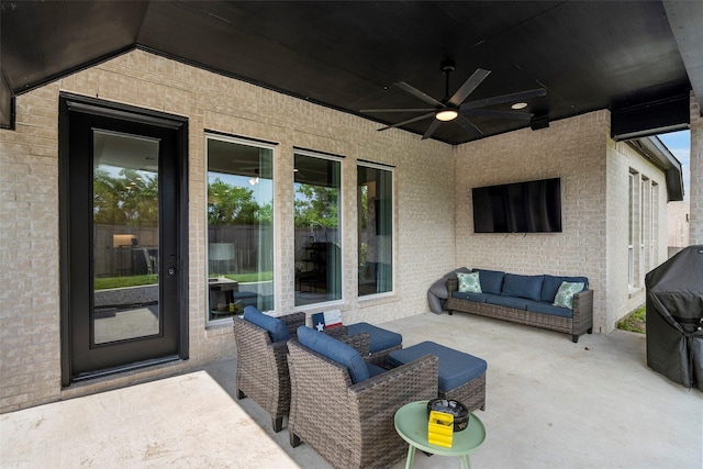 19322 Stagecoach Breeze Ln, Tomball, TX 77377 - view of patio / terrace featuring a ceiling fan and an outdoor living space