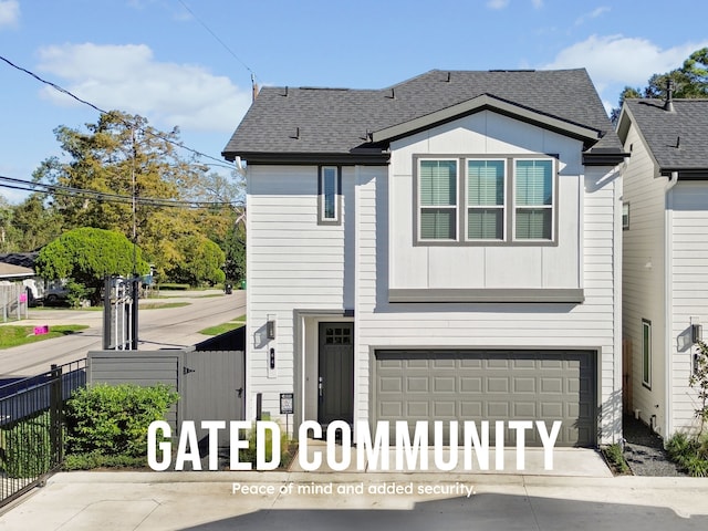 64 Dipping Ln, Houston, TX 77076 - view of front of home featuring fence, a garage, roof with shingles, and driveway