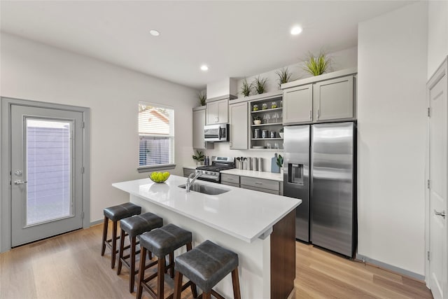 64 Dipping Ln, Houston, TX 77076 - kitchen featuring stainless steel appliances, open shelves, a sink, a kitchen island with sink, and a breakfast bar