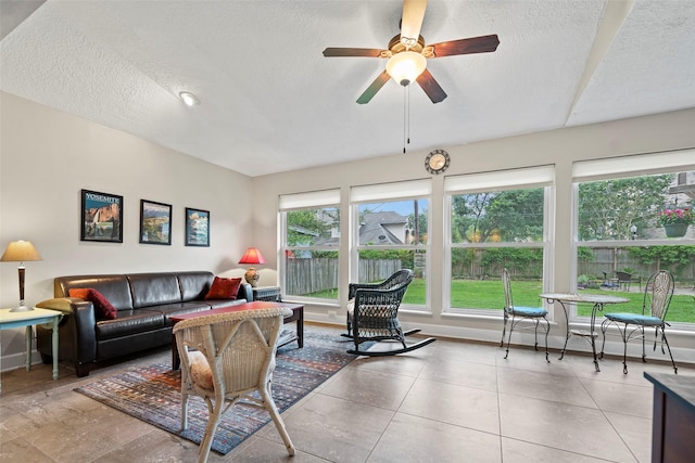 16107 York Minster Dr, Spring, TX 77379 - living area with a textured ceiling, healthy amount of natural light, a ceiling fan, and baseboards