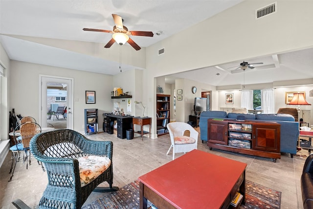 16107 York Minster Dr, Spring, TX 77379 - living room featuring a ceiling fan and lofted ceiling