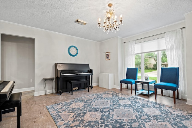 16107 York Minster Dr, Spring, TX 77379 - sitting room with a chandelier, ornamental molding, a textured ceiling, and baseboards