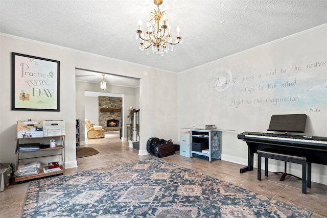 16107 York Minster Dr, Spring, TX 77379 - sitting room with a textured ceiling, a stone fireplace, crown molding, a chandelier, and baseboards