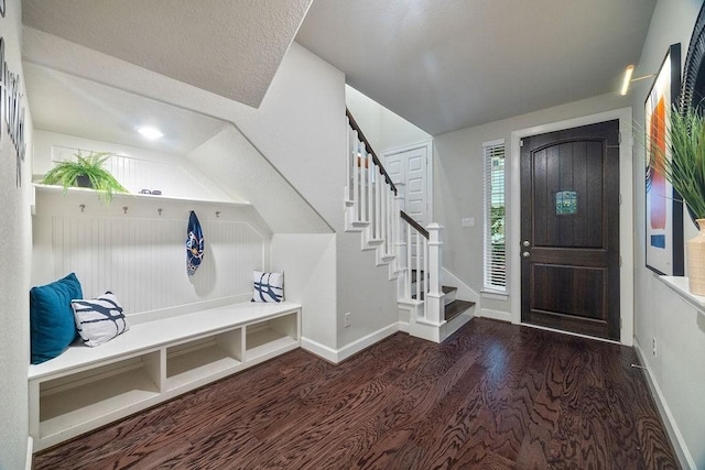 4008 Centre Glen Dr, Houston, TX 77043 - foyer with wood finished floors, baseboards, stairs, and lofted ceiling