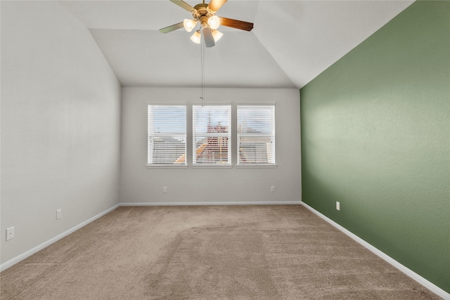 5166 Echo Falls Dr, Alvin, TX 77511 - unfurnished room with ceiling fan, lofted ceiling, light colored carpet, and baseboards