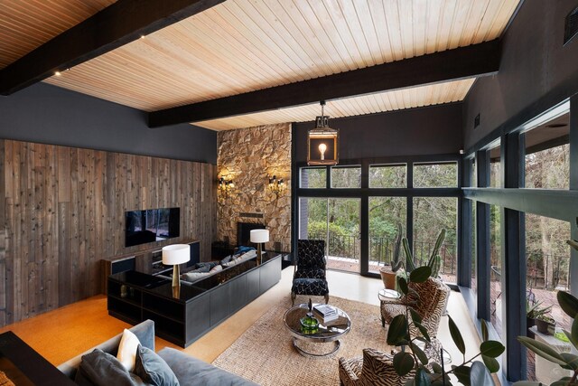 827 Magnolia St, Livingston, TX 77351 - living room with wood ceiling with exposed beams, wood walls, and a fireplace