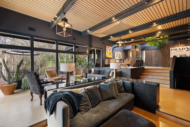 827 Magnolia St, Livingston, TX 77351 - living area featuring wooden walls and wood ceiling with exposed beams