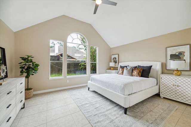 17426 Little Riata Dr, Houston, TX 77095 - bedroom featuring light tile patterned floors, lofted ceiling, ceiling fan, and baseboards