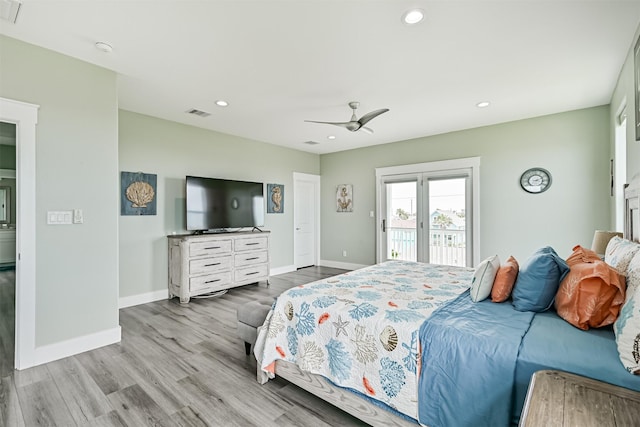 16631 Jean Lafitte Rd, Galveston, TX 77554 - bedroom with access to exterior, baseboards, wood finished floors, a ceiling fan, and recessed lighting