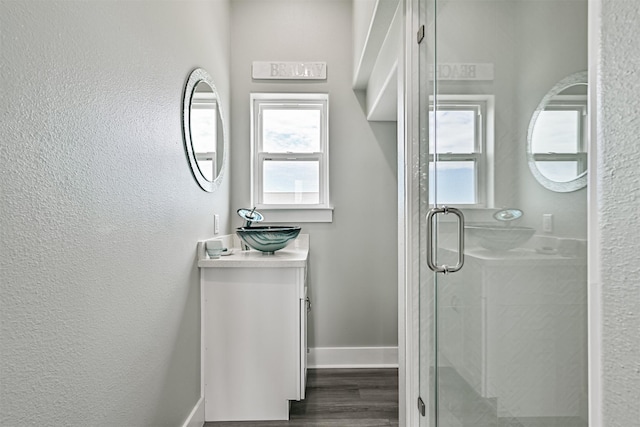16631 Jean Lafitte Rd, Galveston, TX 77554 - full bathroom with a sink, baseboards, a stall shower, wood finished floors, and plenty of natural light
