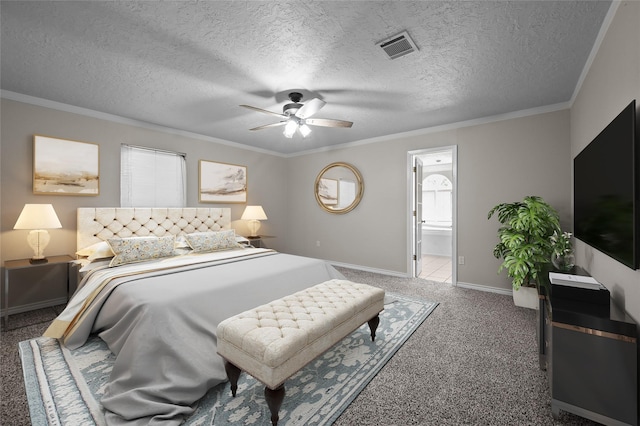 6211 Sjolander Rd, Baytown, TX 77521 - bedroom featuring carpet floors, ornamental molding, baseboards, ensuite bath, and ceiling fan