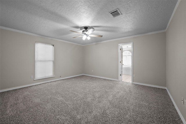 6211 Sjolander Rd, Baytown, TX 77521 - empty room with a ceiling fan, carpet floors, a textured ceiling, baseboards, and ornamental molding