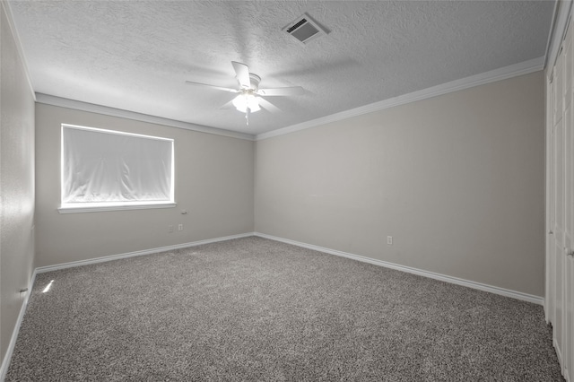6211 Sjolander Rd, Baytown, TX 77521 - carpeted spare room with ceiling fan, a textured ceiling, baseboards, and ornamental molding