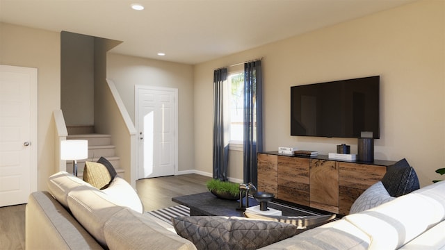 2339 E Chunk Dr, Conroe, TX 77301 - living area with wood finished floors, baseboards, recessed lighting, and stairs