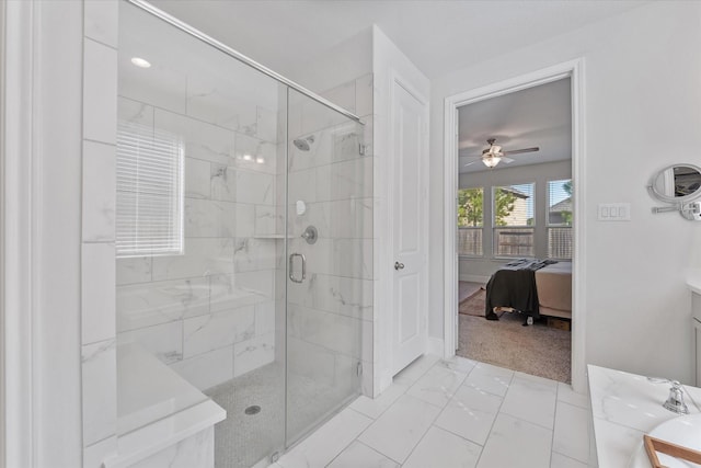 10059 Preserve Way, Conroe, TX 77385 - ensuite bathroom with a ceiling fan, marble look tiles, a shower stall, and baseboards