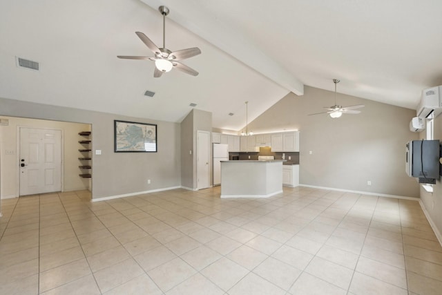 unfurnished living room featuring a ceiling fan, high vaulted ceiling, beamed ceiling, a wall mounted AC, and light tile patterned flooring