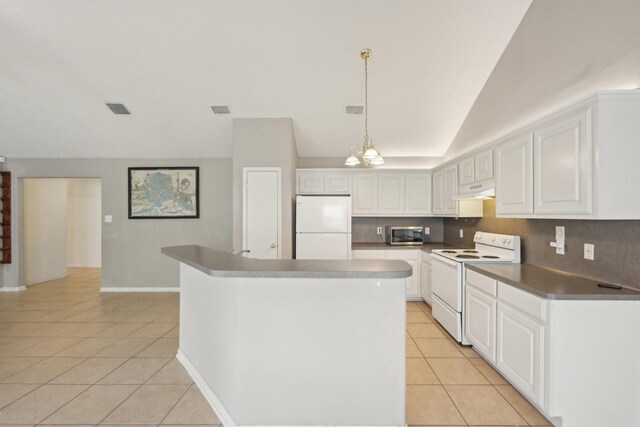 kitchen featuring white appliances, light tile patterned floors, lofted ceiling, decorative backsplash, and white cabinets