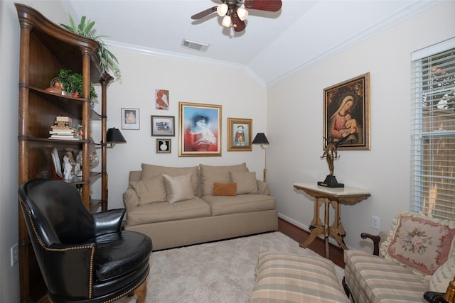 25230 Aspenlodge Ln, Katy, TX 77494 - living room with a ceiling fan, vaulted ceiling, ornamental molding, and baseboards