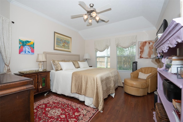 25230 Aspenlodge Ln, Katy, TX 77494 - bedroom with ornamental molding, wood finished floors, lofted ceiling, and ceiling fan