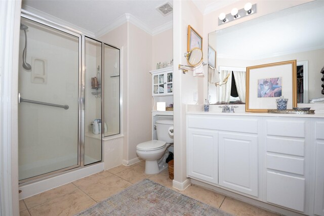 25230 Aspenlodge Ln, Katy, TX 77494 - full bathroom featuring ornamental molding, a stall shower, toilet, vanity, and tile patterned flooring