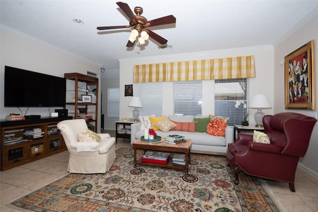 25230 Aspenlodge Ln, Katy, TX 77494 - living room featuring crown molding, a ceiling fan, tile patterned flooring, and baseboards