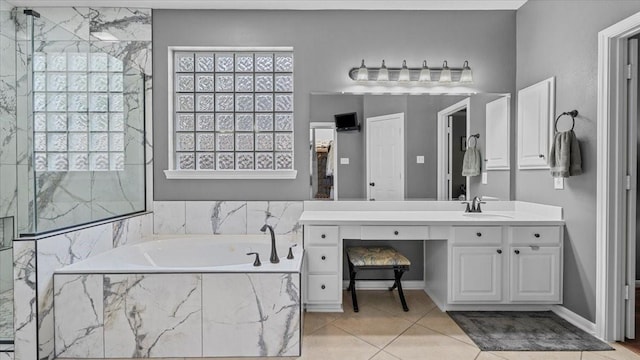 13402 Layton Castle Ln, Cypress, TX 77429 - full bath with a marble finish shower, a bath, vanity, and tile patterned floors