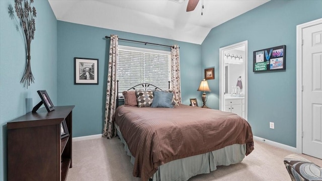 13402 Layton Castle Ln, Cypress, TX 77429 - carpeted bedroom with lofted ceiling, baseboards, ensuite bath, and a ceiling fan