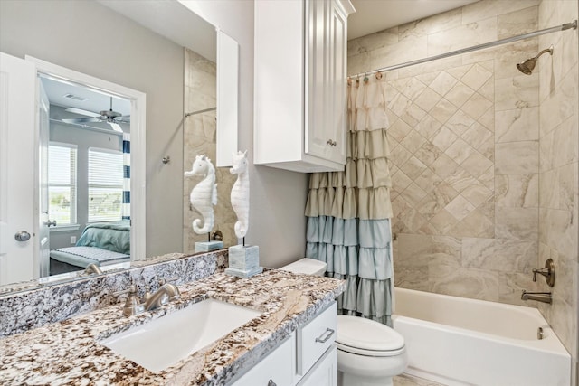 32319 Tall Oaks Way, Magnolia, TX 77354 - bathroom with toilet, ensuite bathroom, vanity, shower / tub combo with curtain, and ceiling fan