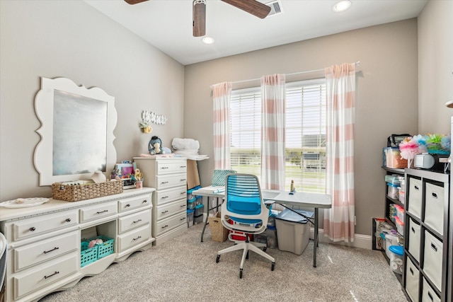 32319 Tall Oaks Way, Magnolia, TX 77354 - office area featuring light colored carpet, a ceiling fan, and recessed lighting