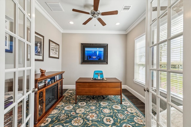 32319 Tall Oaks Way, Magnolia, TX 77354 - home office with baseboards, crown molding, dark wood-style flooring, ceiling fan, and recessed lighting