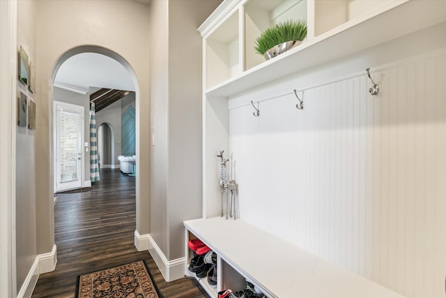 32319 Tall Oaks Way, Magnolia, TX 77354 - mudroom with arched walkways, dark wood finished floors, and baseboards