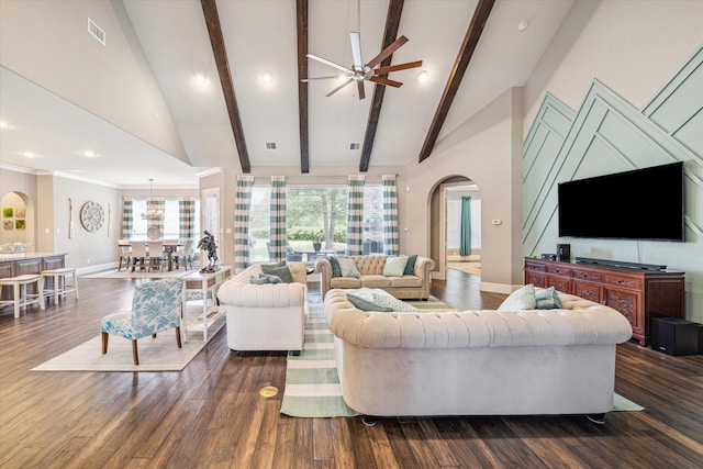 32319 Tall Oaks Way, Magnolia, TX 77354 - living area with arched walkways, high vaulted ceiling, ceiling fan, dark wood-style floors, and beam ceiling