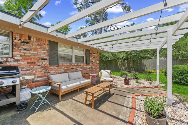 10438 Brinwood Dr, Houston, TX 77043 - view of patio with fence, an outdoor hangout area, a pergola, and a grill