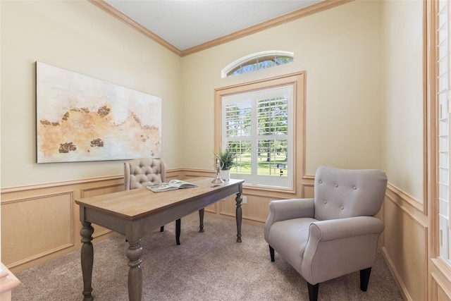 office with crown molding, a wainscoted wall, light colored carpet, and a decorative wall