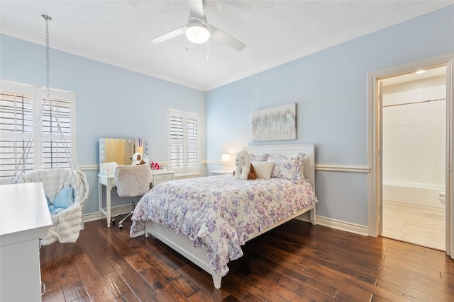 bedroom featuring ornamental molding, hardwood / wood-style floors, baseboards, and ceiling fan