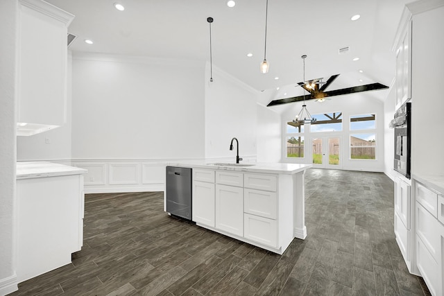 400 Little Spring Ct, Anahuac, TX 77514 - kitchen with appliances with stainless steel finishes, a sink, crown molding, white cabinetry, and recessed lighting