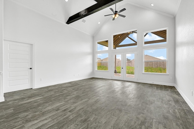 400 Little Spring Ct, Anahuac, TX 77514 - empty room with high vaulted ceiling, a ceiling fan, dark wood finished floors, baseboards, and recessed lighting