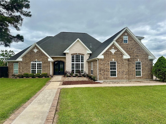 305 Tyler Dr, Bridge City, TX 77630 - view of front of property with french doors, brick siding, a front yard, and roof with shingles