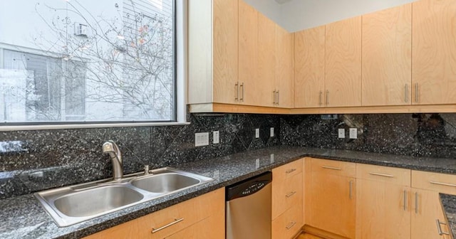 730 Ruthven, Houston, TX 77019 - kitchen featuring dishwasher, a sink, light brown cabinetry, and tasteful backsplash