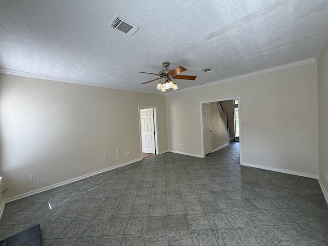 20215 Sapphire Cir, Magnolia, TX 77355 - empty room featuring a ceiling fan, crown molding, baseboards, and a textured ceiling